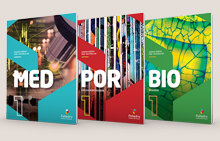 Três livros Poliedro: Medicina (azul), Português (vermelho) e Biologia (verde), lado a lado sobre fundo branco.